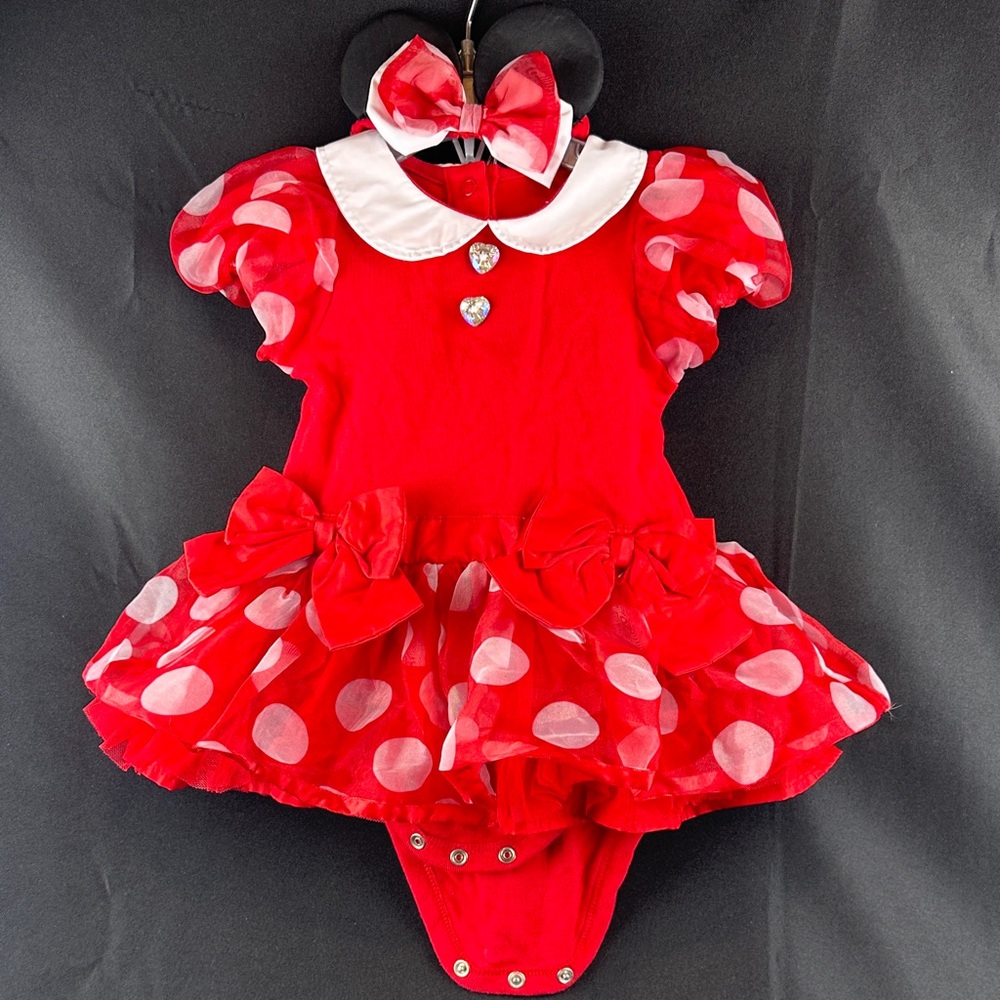 Disney Minnie Mouse Red Polka Dot Baby Dress Onesie 18 mo with Headband